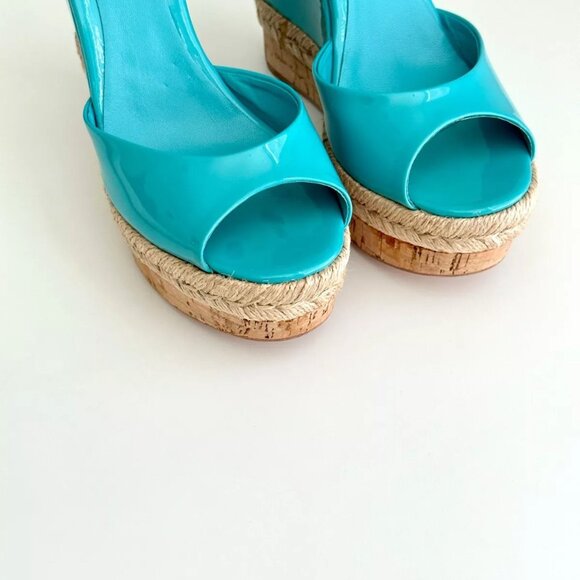 GUCCI Turquoise Patent Leather Espadrille Cork Wedge Sandals Size 38.5 US 8.5 - Picture 5 of 12